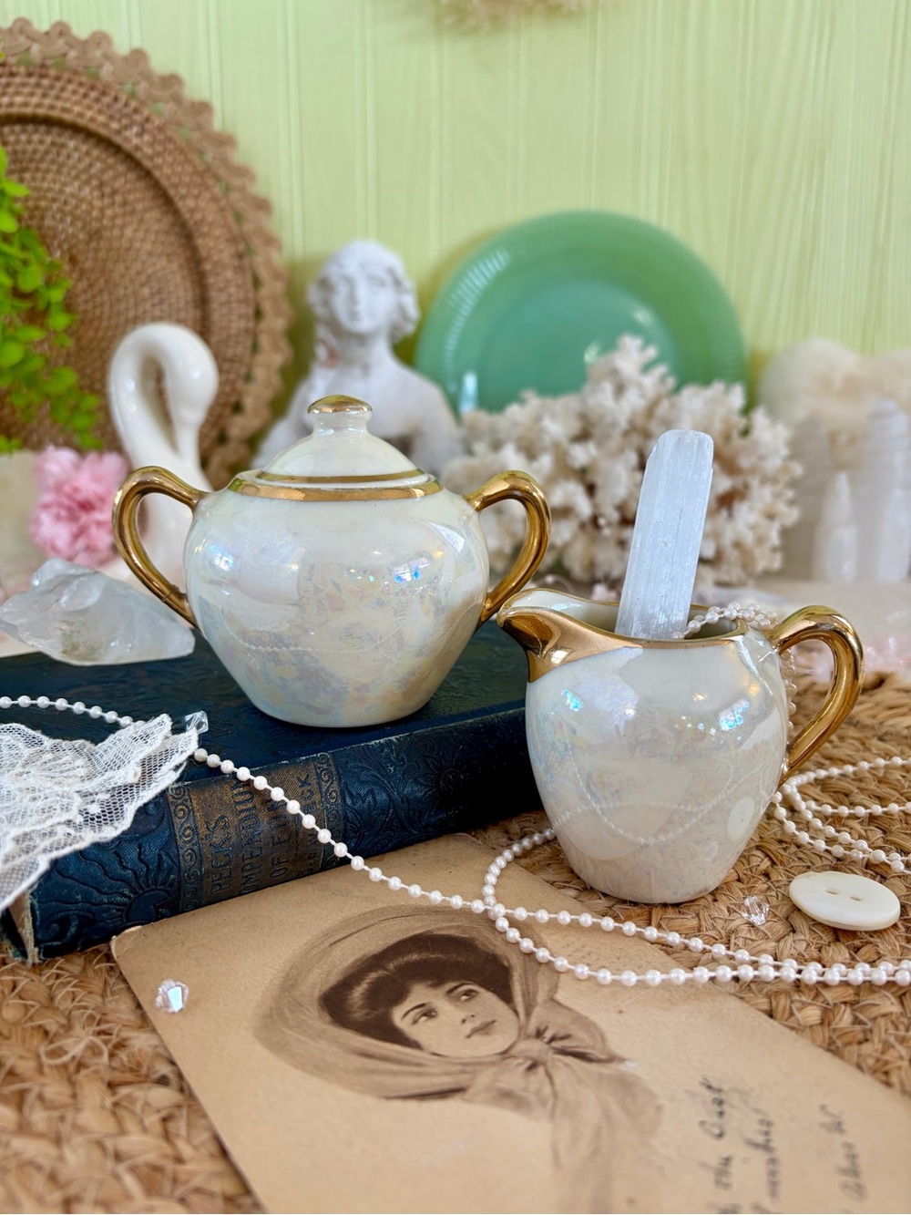 Vintage Small Ceramic Lusterware Sugar & Creamer Set 🌙 Unique Home Decor / Gift